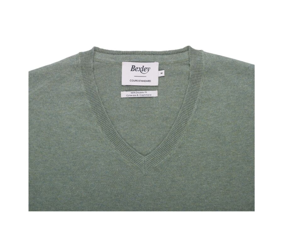 Pull fin homme col V coton bio/cachemire Sauge Chiné - VALTON