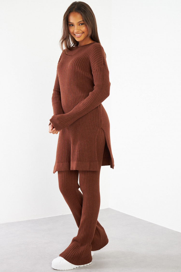 Ensemble 2 pièces pull + pantalon marron en laine côtelé