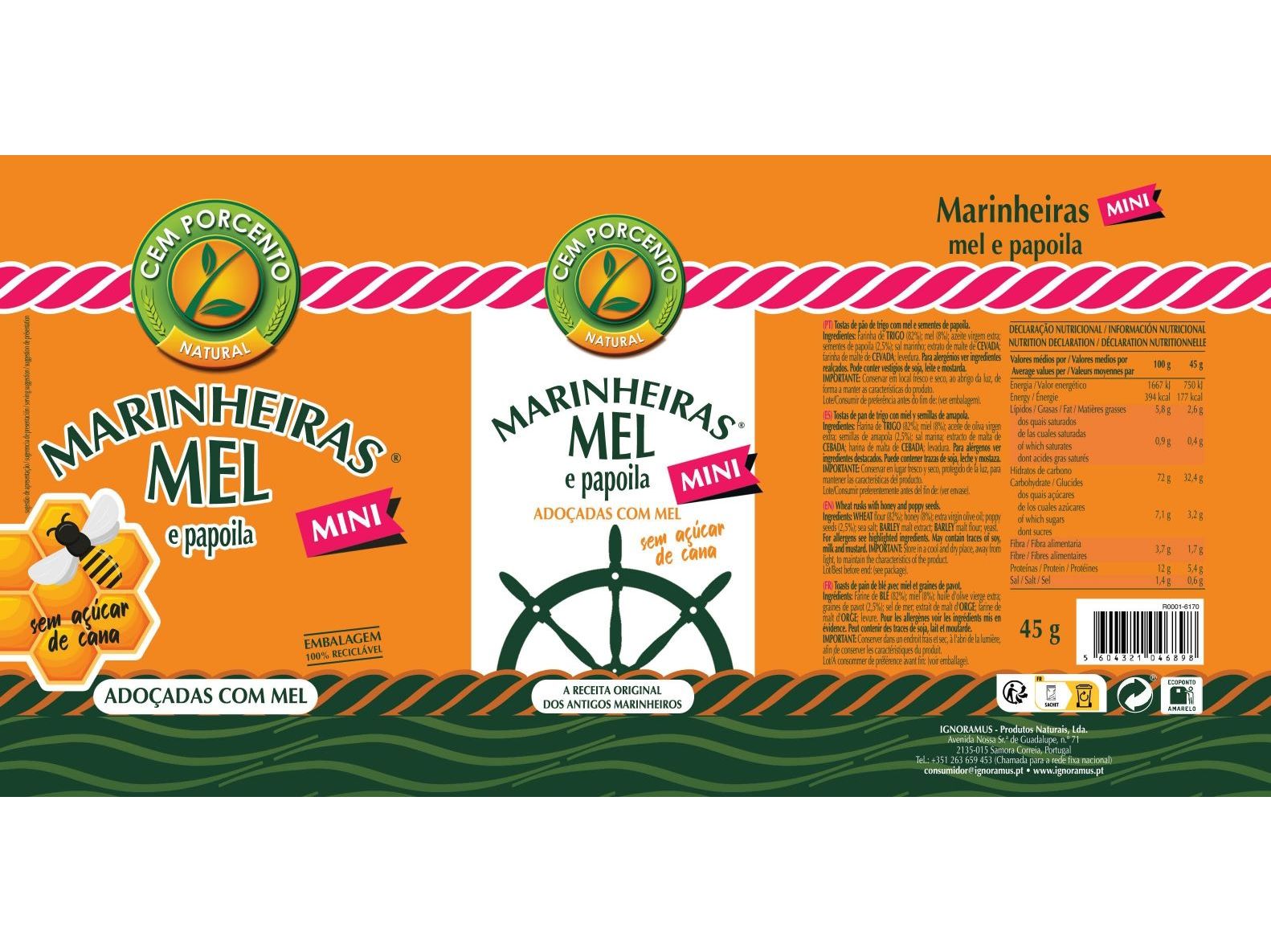 BOLACHAS CEM PORCENTO MINI MARINHEIRAS MEL 45G