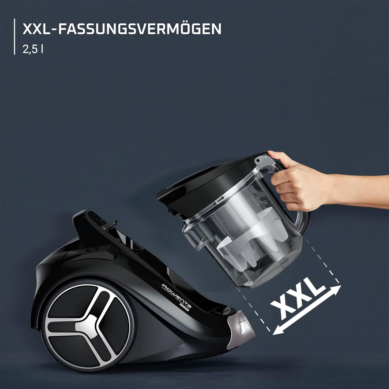 Rowenta Compact Power XXL Bodenstaubsauger 2,5 Liter-Fassungsvermögen, kompaktes Design, EffiTech Motor, einfach zu entleeren, Staubsauger starke Saugleistung, 6,2-Meter-Netzkabel, blau, RO4871EA