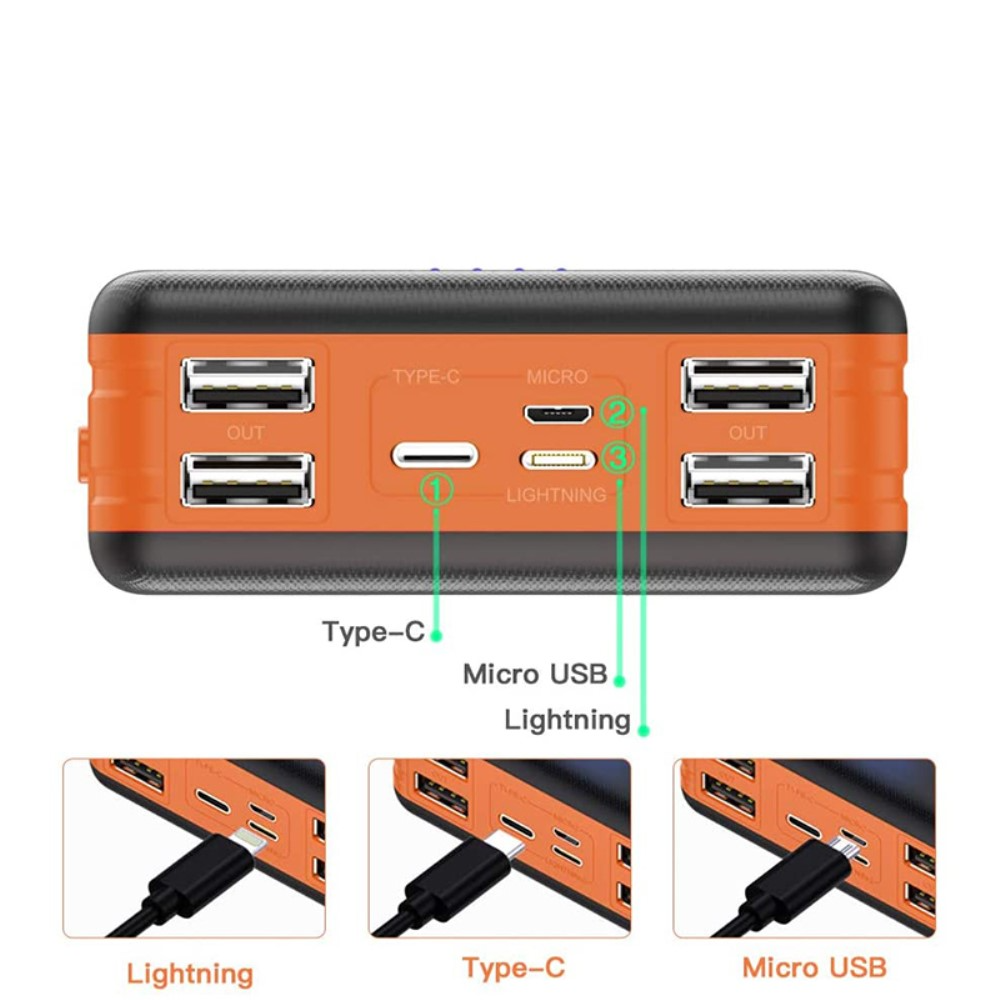10000mAh Solar Powerbank mit 4x USB A Anschluss   LED Taschenlampe - Schwarz / Orange