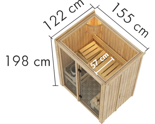 Elementsauna Karibu Avarni 1 zonder oven en dakkroon met gebronsde volledig glazen deur