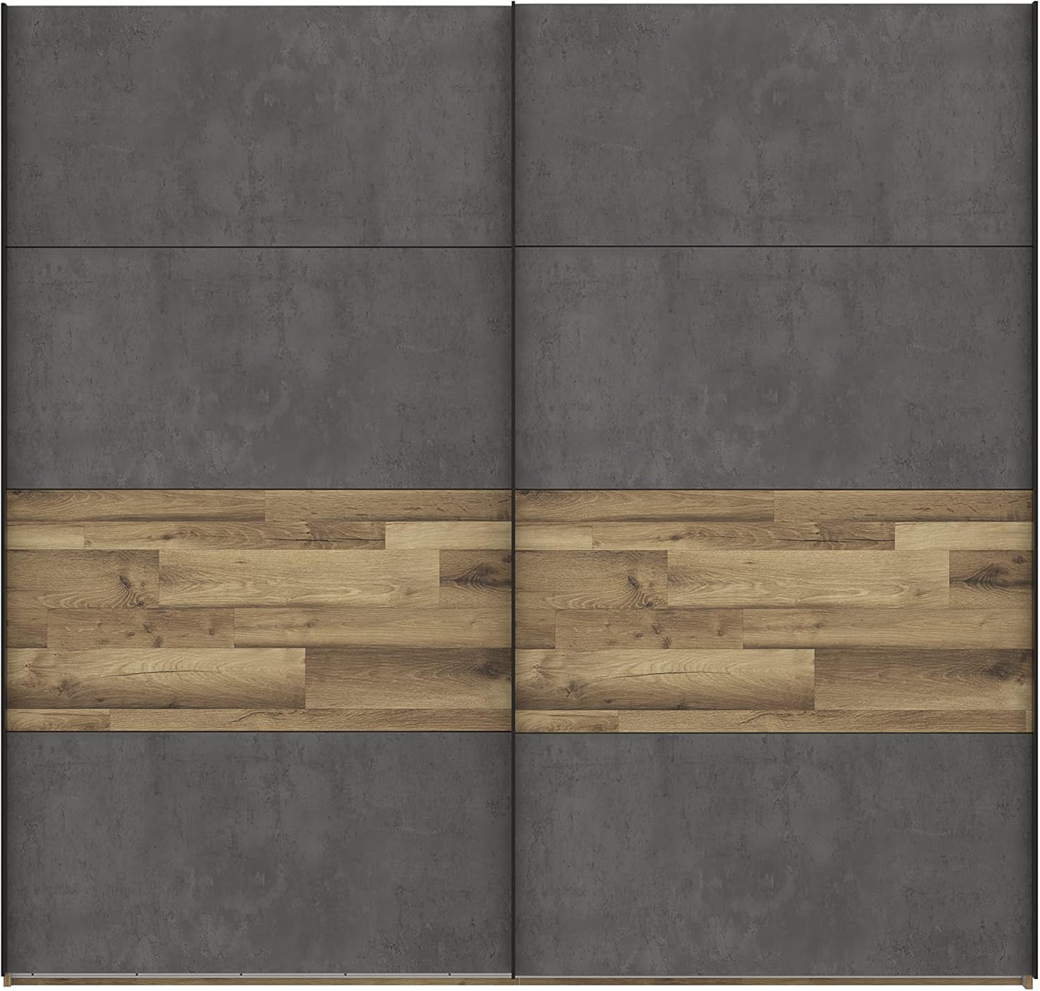 FORTE RICCIANO Schrank 220, Kleiderschrank, Schwebetürenschrank Industrial Schlafzimmer 2-türig, Betonoptik Dunkelgrau / Holzdekor: Stabeiche, 220 cm breit x 210.5 cm hoch x 61 cm tief MP4562385