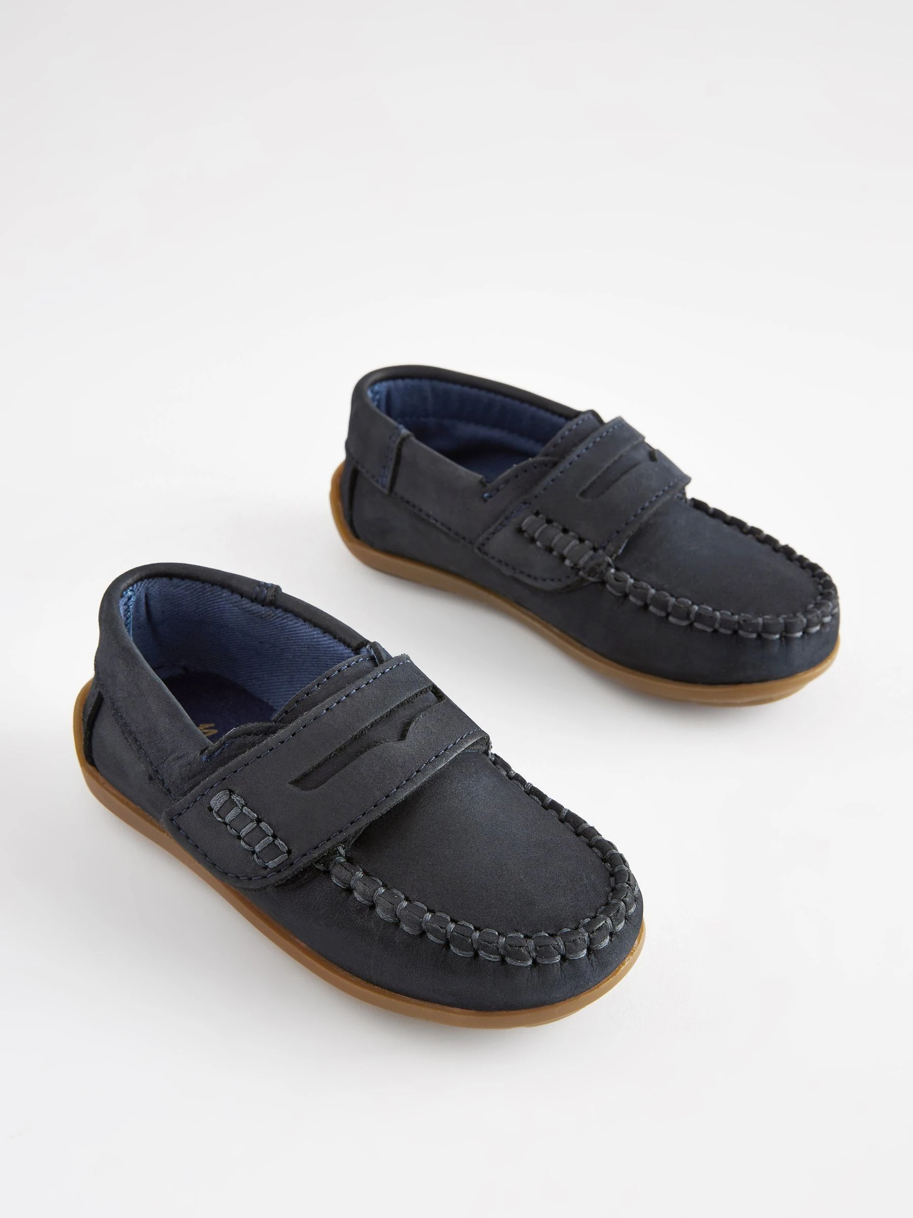 Marineblauw - Leren pennyloafers met klittenbandsluiting