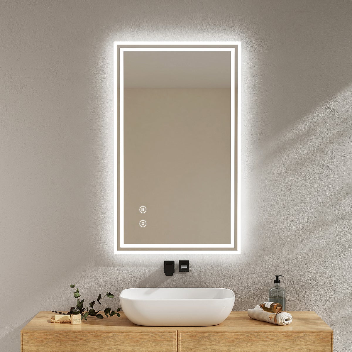 EMKE Badkamerspiegel met verlichting, LED-spiegel met aanraakschakelaar, anti-condens, 100 x 60 cm, koel wit