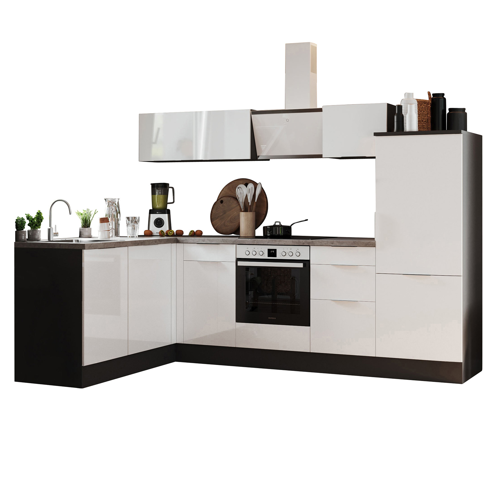 RESPEKTA Winkelküche - weiß Hochglanz - grau matt - mit E-Geräten - 280x175 cm
