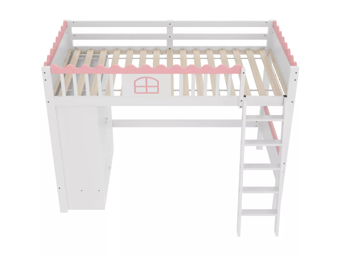 Lit mezzanine simple 90 x 200 cm - Lit enfant - Avec éclairage LED - Avec penderie - Avec tiroir de rangement - Blanc (sans matelas)