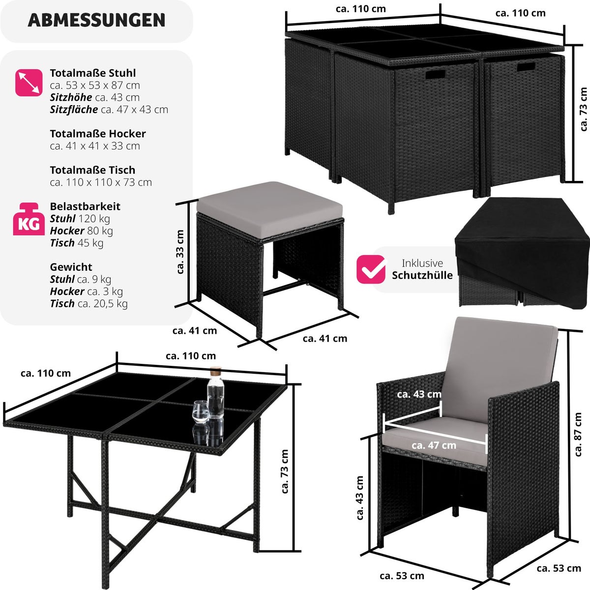 tectake Bilbao rotan zitgroep voor 4 tot 8 personen, inklapbaar, inclusief beschermhoes