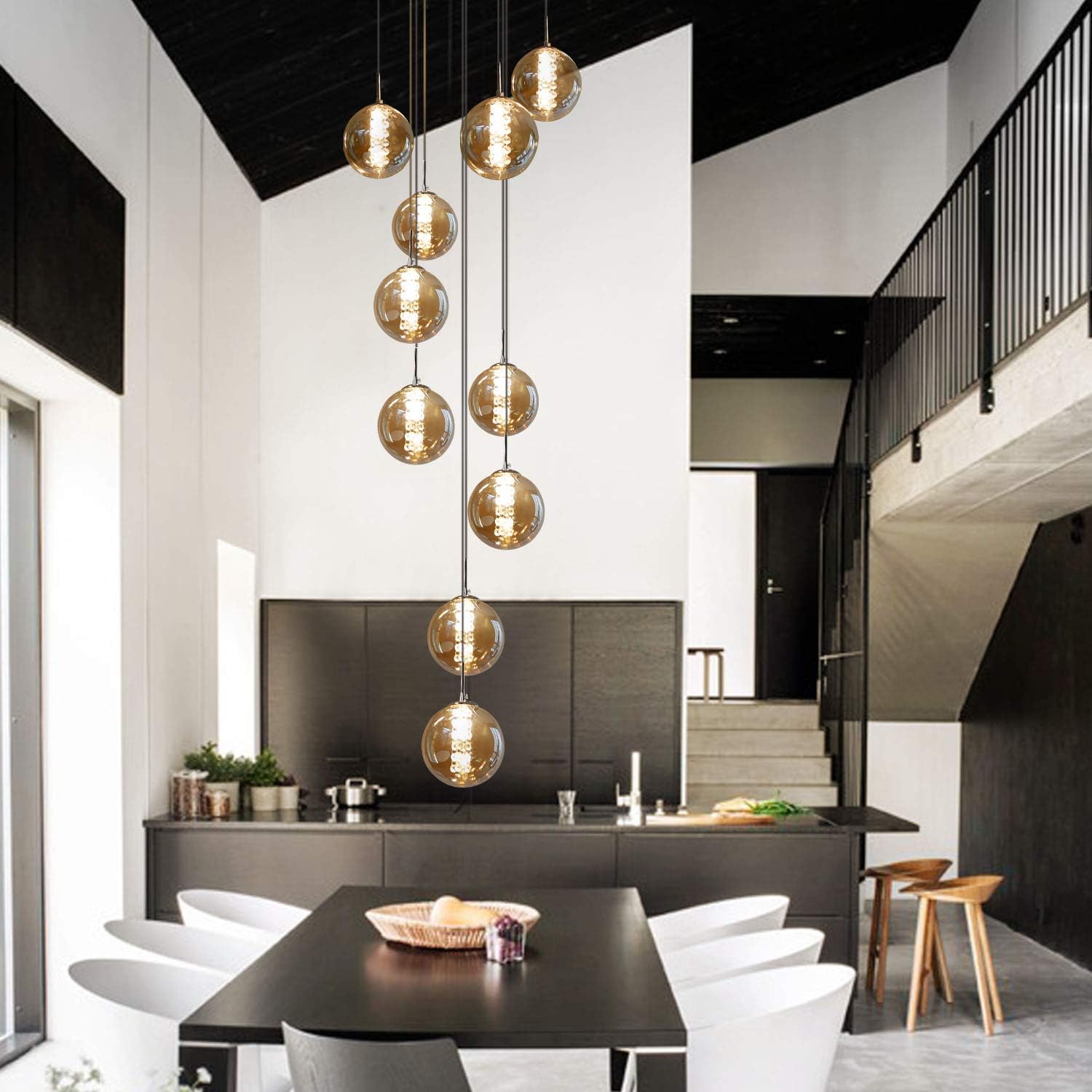 Pendelleuchte Wohnzimmer Pendellampe Modern - Treppenhaus Hängeleuchte 15 Flammig Hängelampe aus Glas 200CM Höheverstellbar Esstischlampe für Esszimmer Küche Esstisch Flur (Bernstein)