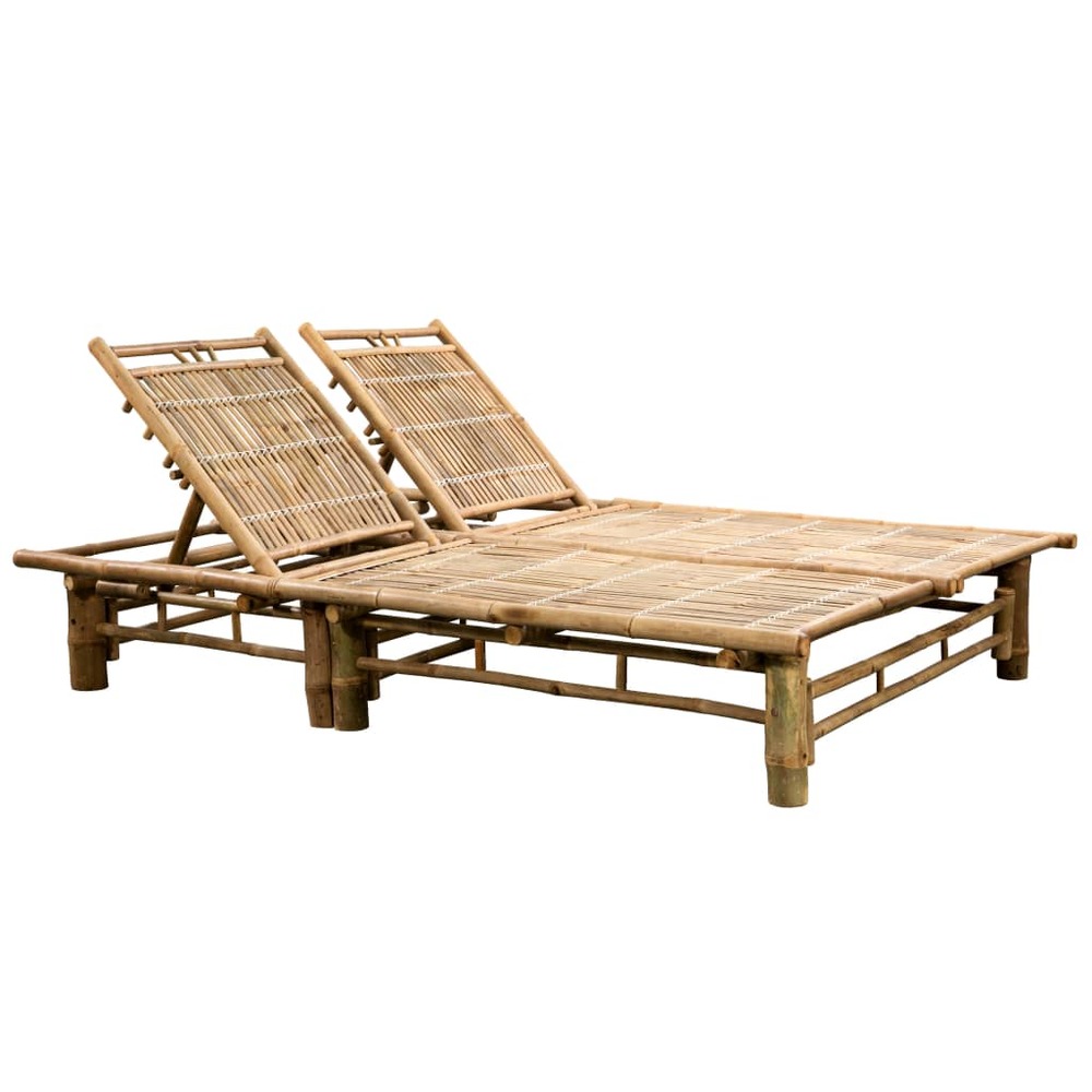 Transat chaise longue bain de soleil lit de jardin terrasse meuble d'extérieur pour 2 personnes avec coussins bambou 02_00129