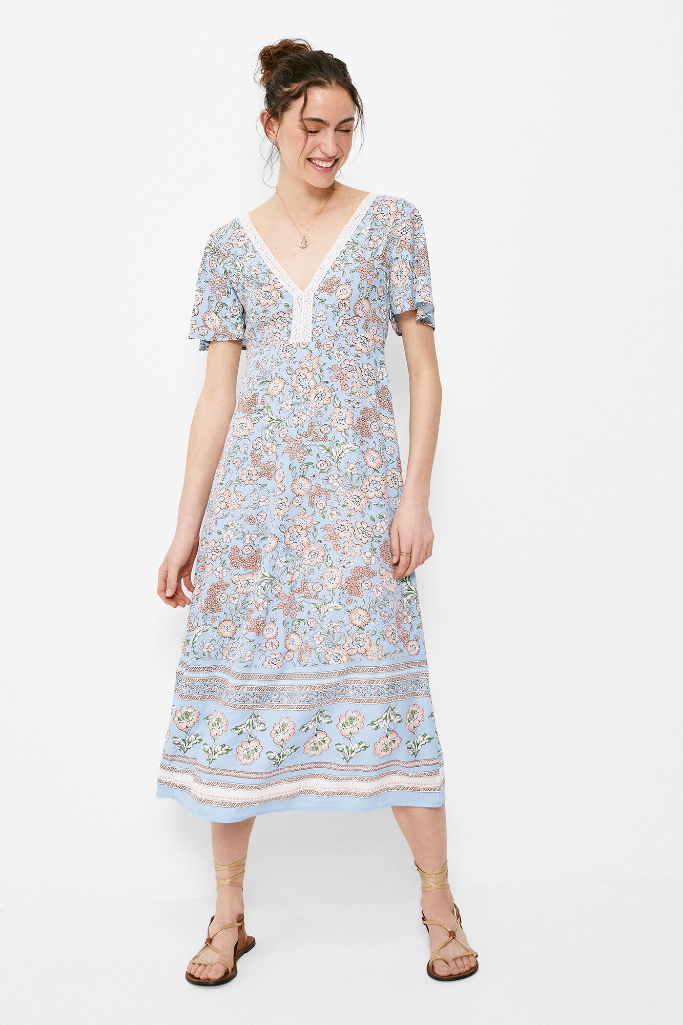 Vestido midi com laço nas costas - Estampa turquesa