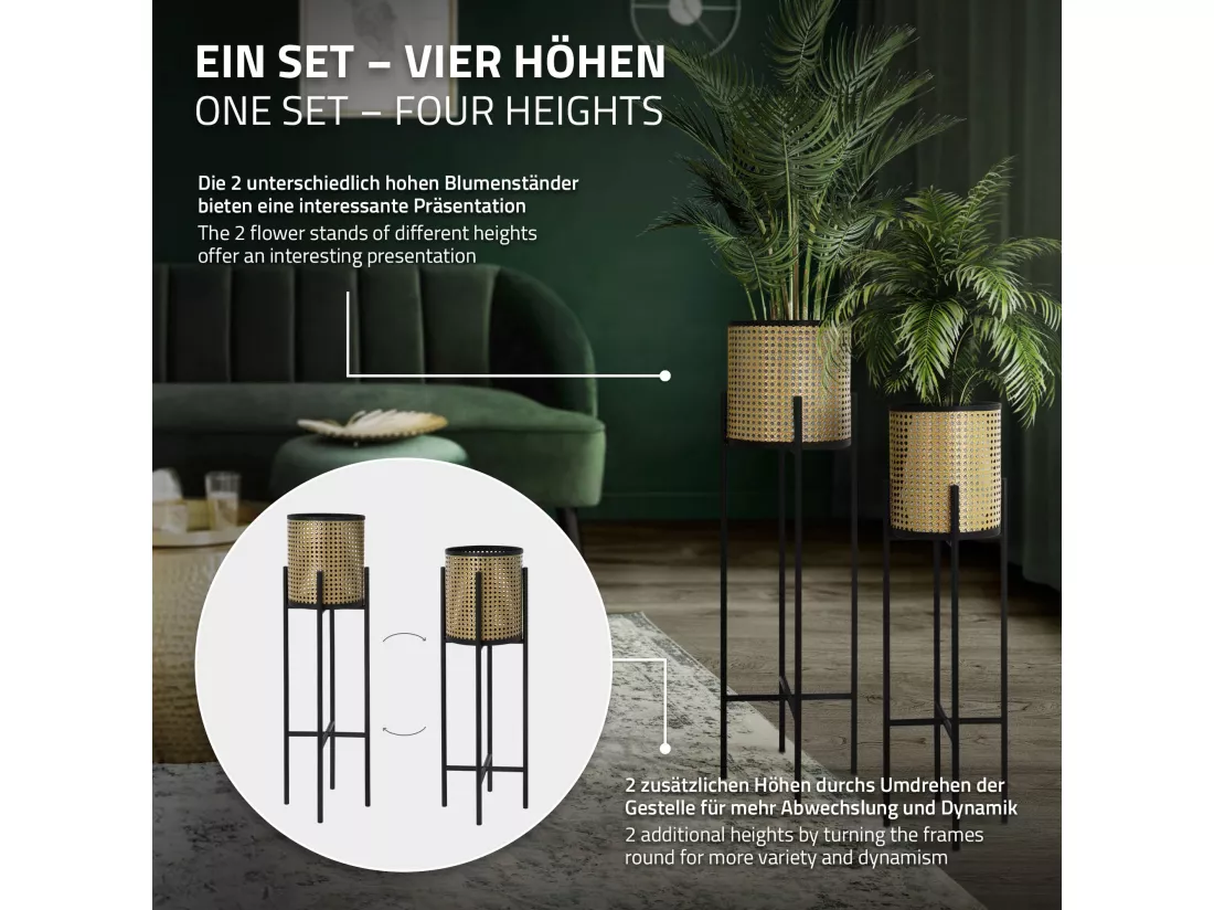 ML-Design Porte-fleurs set de 2 pièces noir-or 16,5x16,5x80,5 cm/19x19x90 cm, acier, support de pots de fleurs avec cache-pot, support de plantes en métal, support de pots de fleurs 2 pièces, pot de plantes colonne de fleurs tabouret de fleur