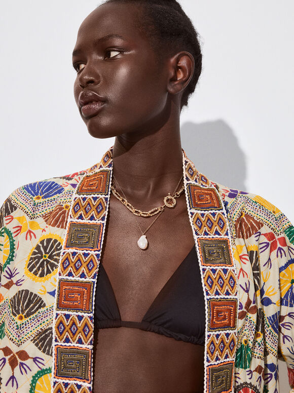 Quimono estampado com miçangas - Multicolorido