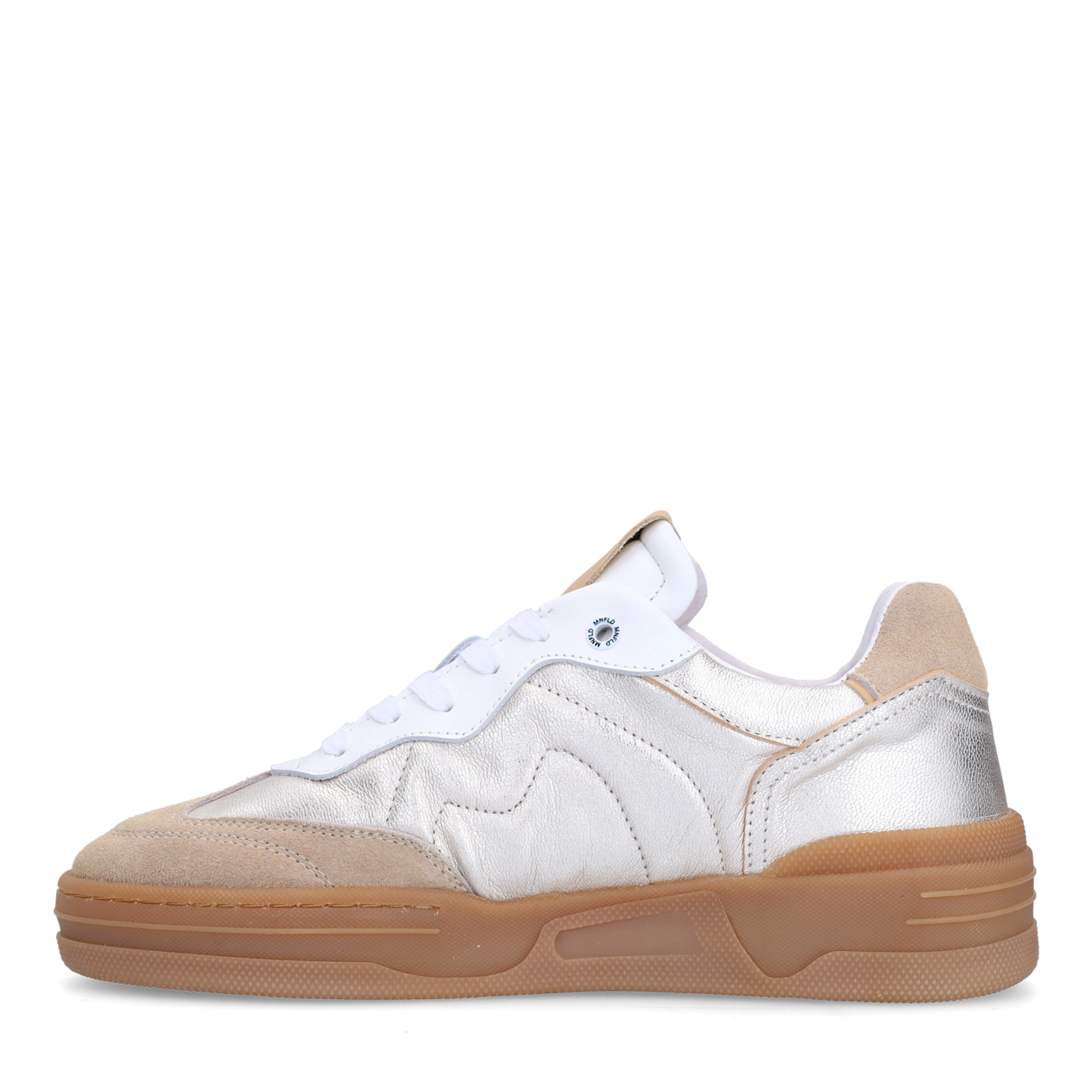 Zilveren leren sneakers met beige suède details
