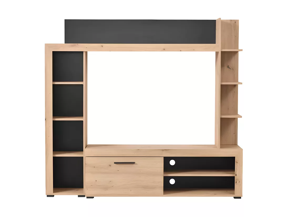 Mur TV BALTIMORE - Avec rangements - Coloris : Chêne & Anthracite