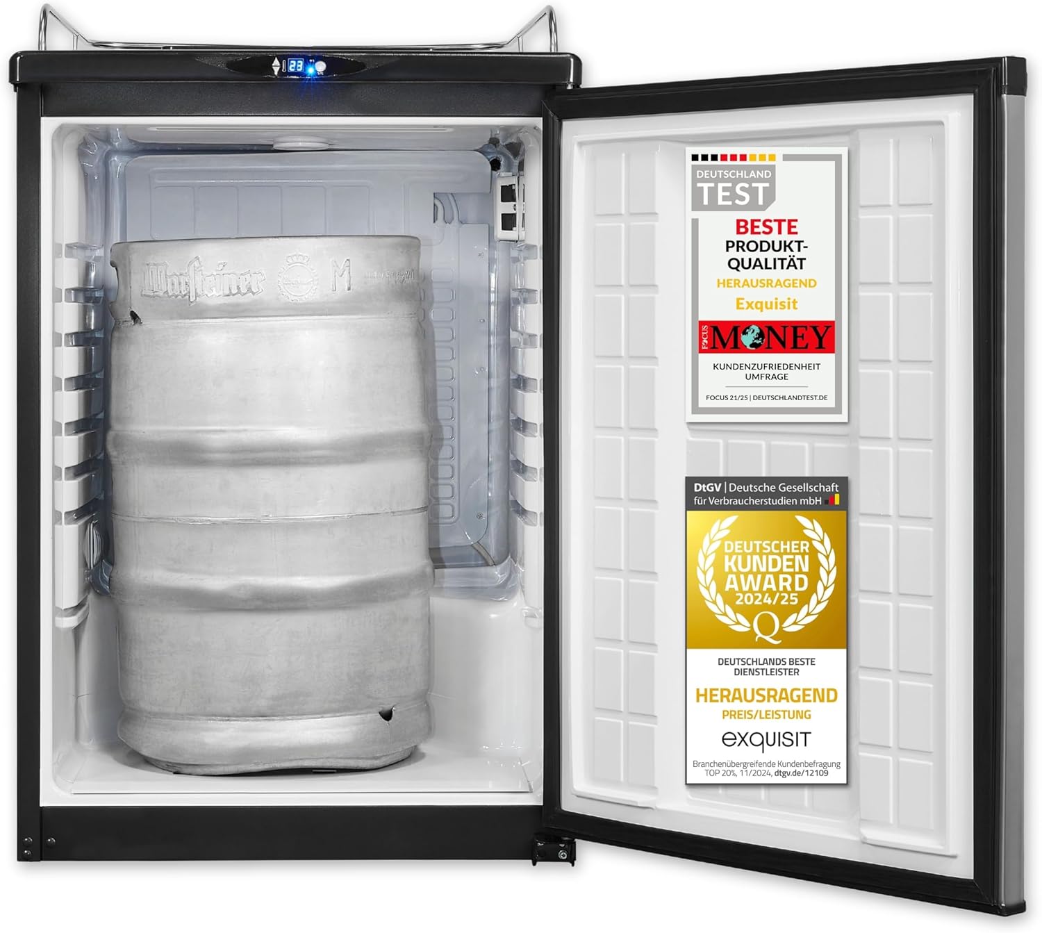 Exquisit Bierkühler, 163 Liter, mit Zapfvorrichtung, Gitterablagen, Türanschlag wechselbar, 89 cm Höhe, 42 dB, Display, BK160-HE-300G inox