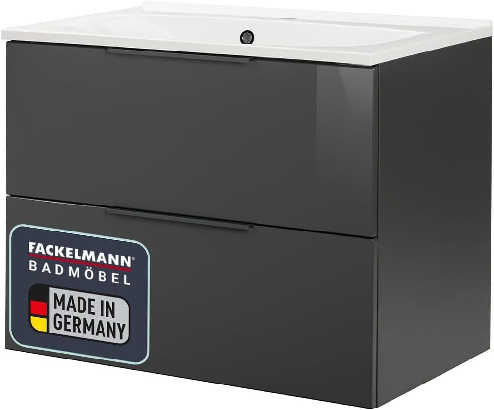 FACKELMANN Luna Badmöbel Set 2 Teile/Gussmarmor Waschbecken/Waschbeckenunterschrank mit 2 Schubladen/Badschrank mit Soft-Close/Möbel fürs Badezimmer/Korpus & Front: Anthrazit/Breite: 80 cm