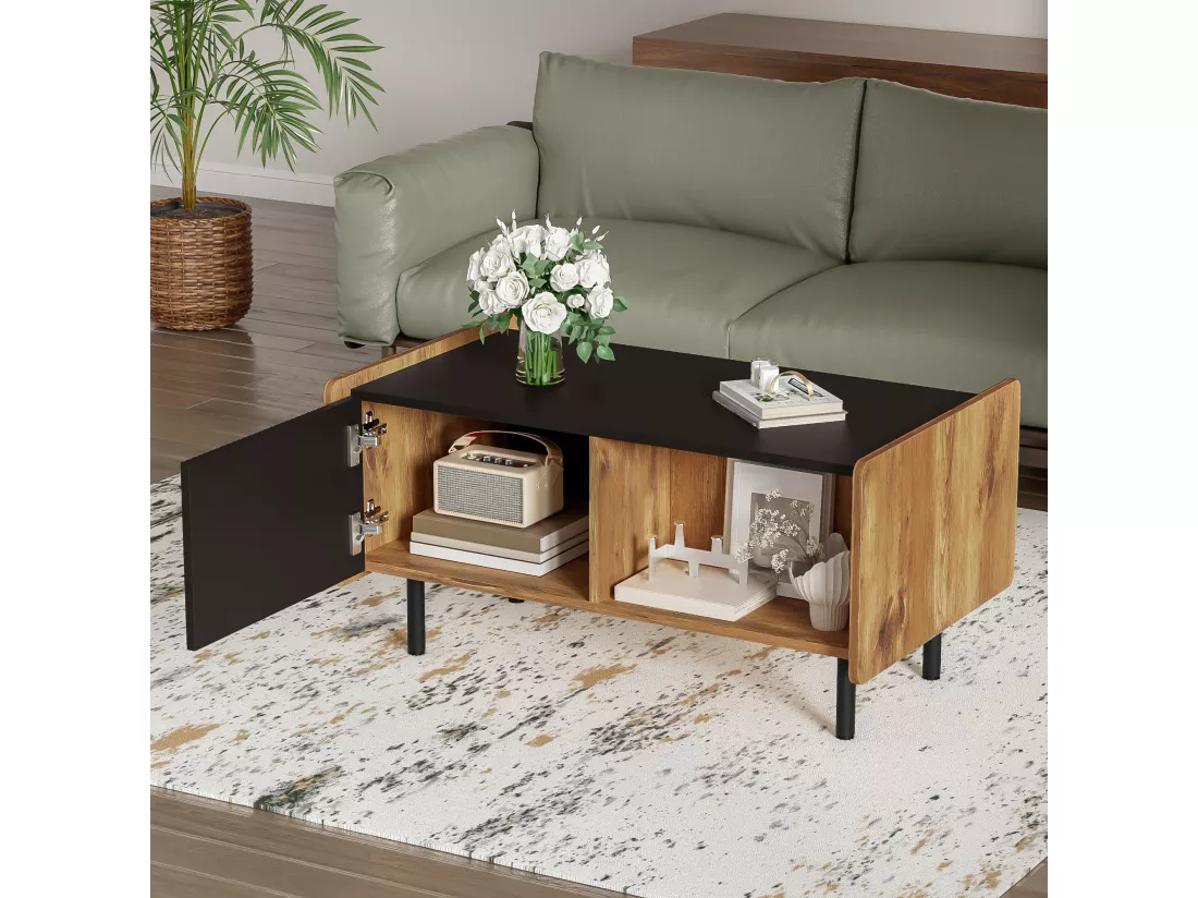 Table basse avec 2 portes et 2 compartiments ouverts - 90 x 55 x 45.5 cm - Panneaux de particules et MDF - Noir et bois