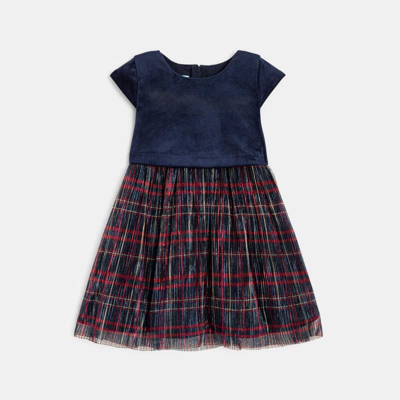 Robe de fête bi-matière velours et tulle à carreaux bleu bébé fille Bleu