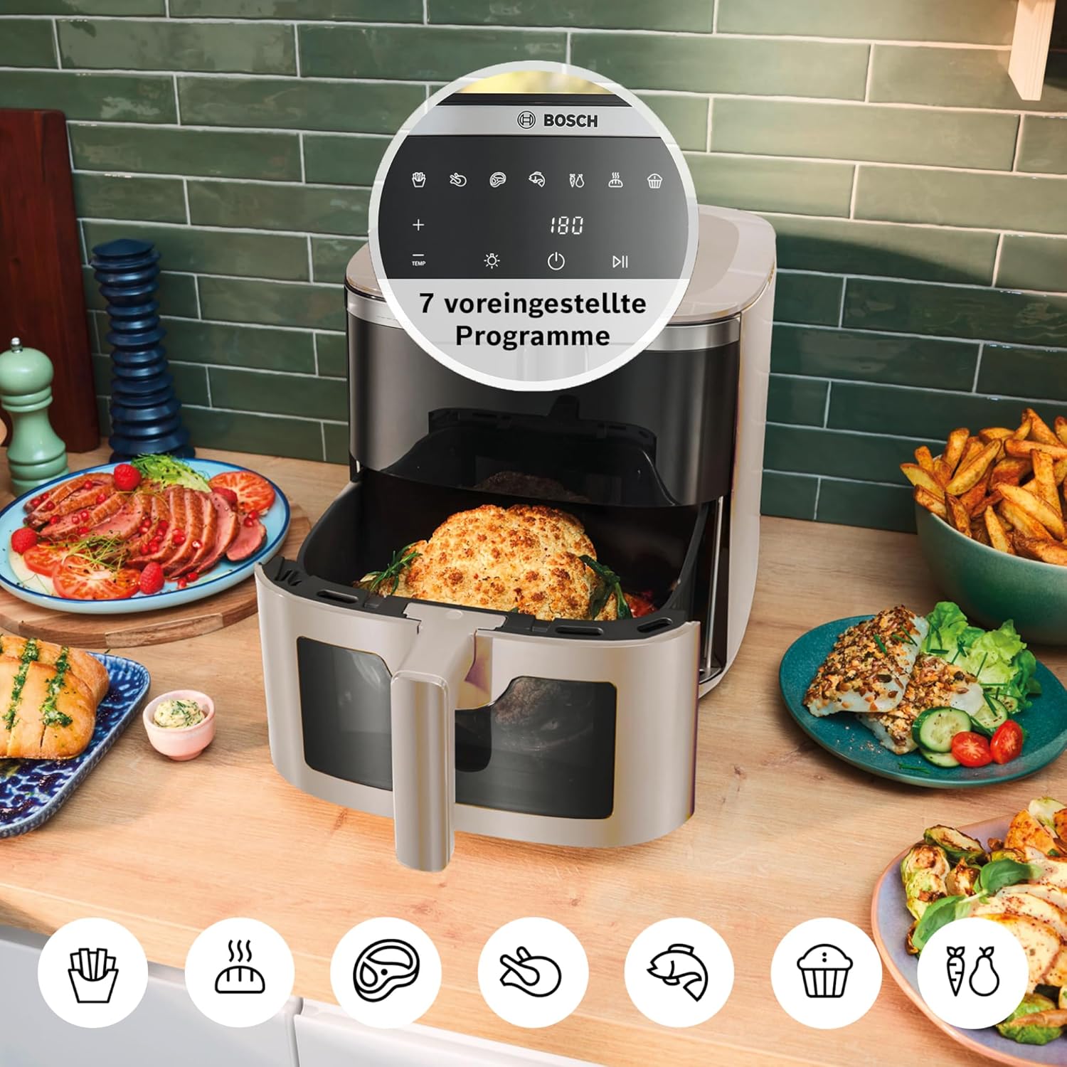 Bosch Heißluftfritteuse Serie 6, XXL Air Fryer, creme, 7,2 L Fassungsvermögen, beleuchtetes Sichtfenster, 7 voreingestellte Programme, bis zu 65% schnelleres Kochen, MAF671C0