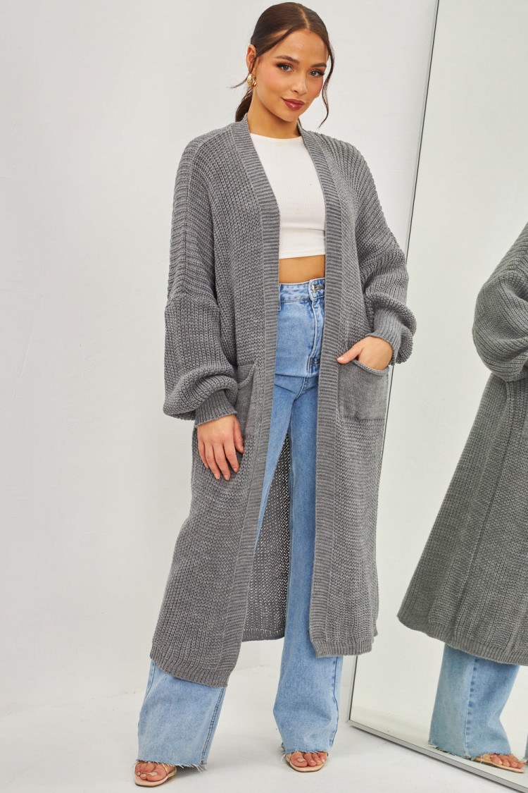 Gilet long ouvert en mailles gris