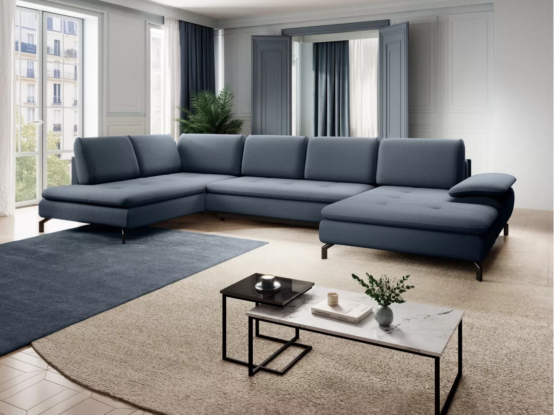 Grand canapé d'angle gauche panoramique convertible en tissu texturé bleu ARCHIBALD