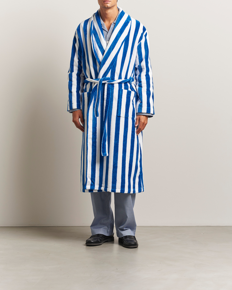 Derek Rose Striped Cotton Velour Gown Blue/White