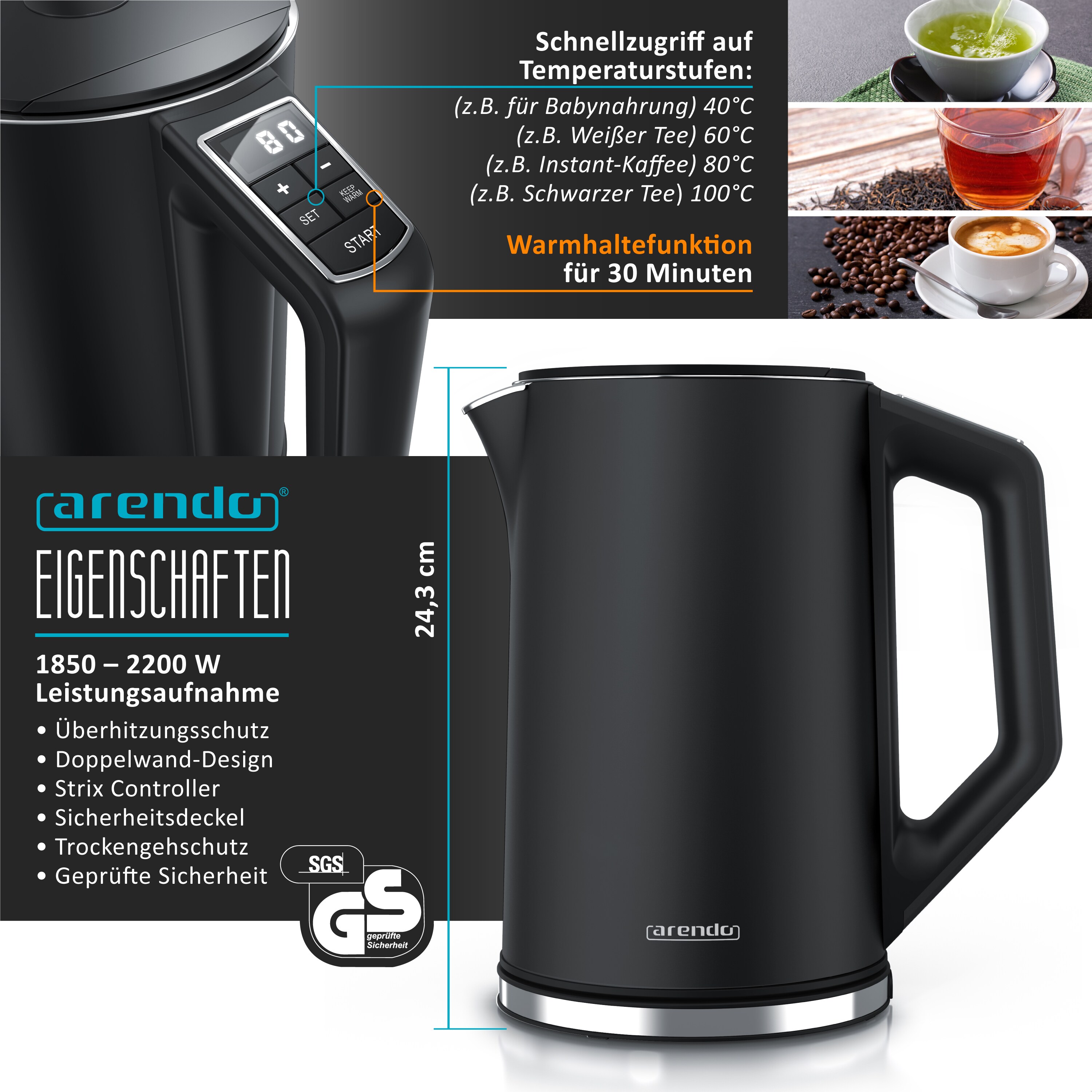 Arendo Frühstücks-Set Edelstahl Wasserkocher 1,5l, 6er Eierkocher, Schwarz