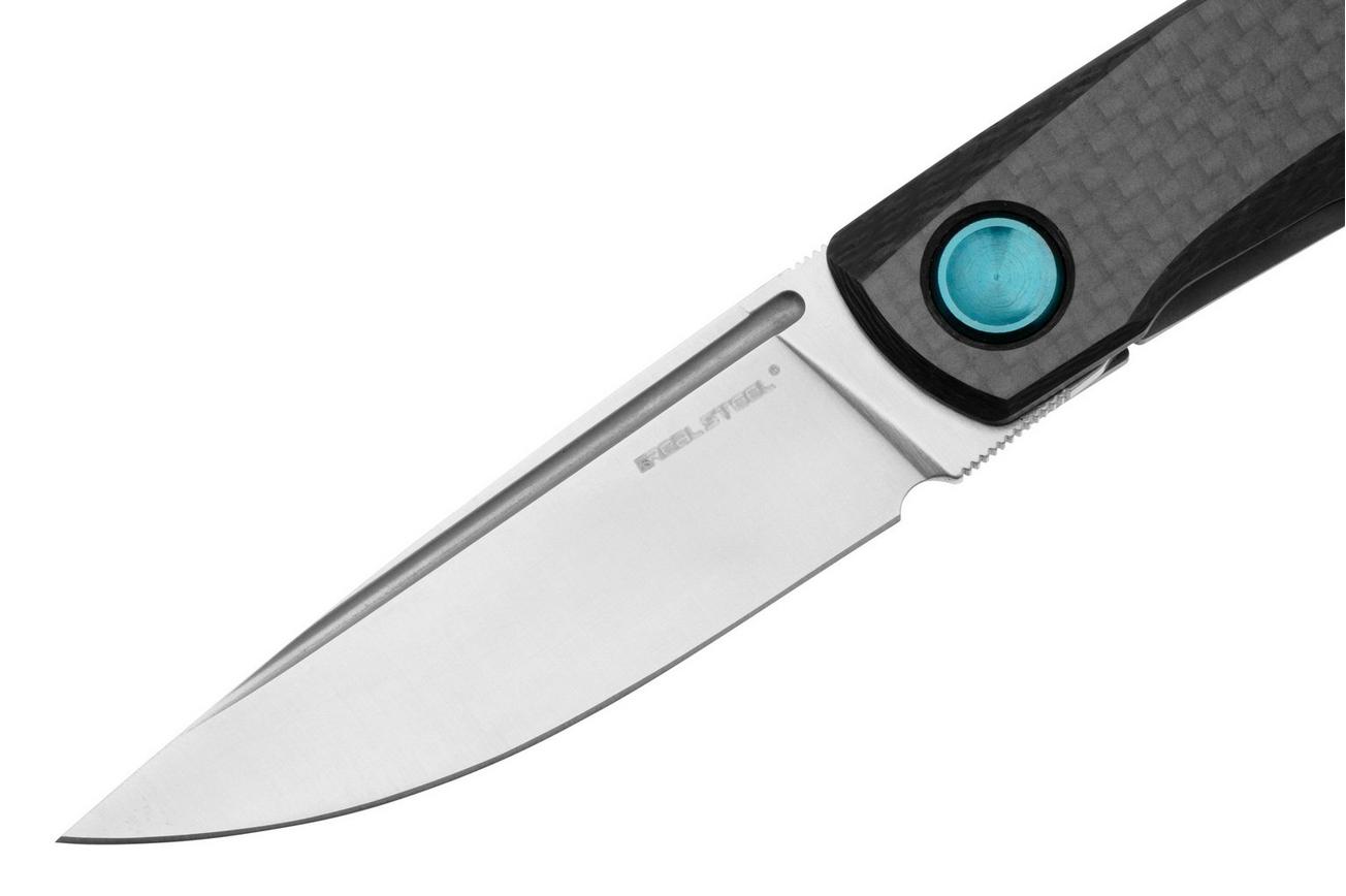 Real Steel Luna Boost 7076, Böhler N690, Titanium Framelock, Carbon Fiber, Blue Hardware, zakmes