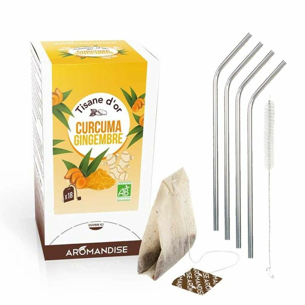 Tisane d'or bio curcuma-gingembre 20 sachets + 4 pailles en inox
