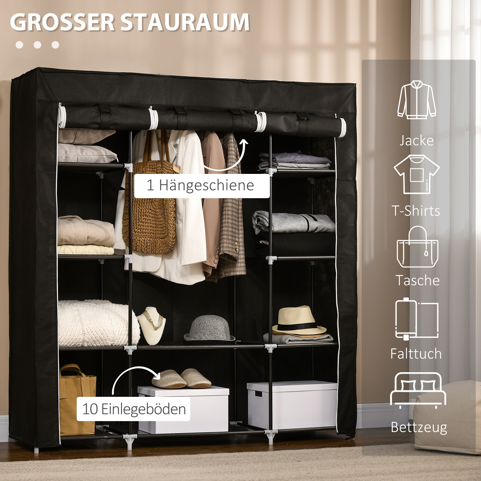 HOMCOM Stoffschrank mit Abdeckung schwarz 150L x 43B x 162,5H cm