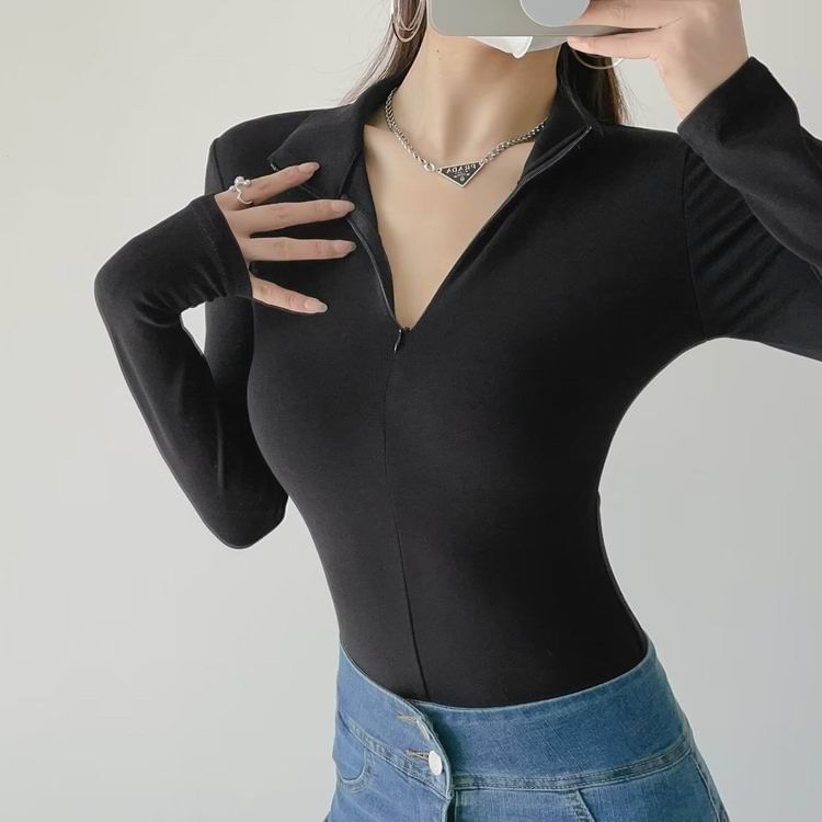 JOWI - Bodytop met lange mouwen en ritssluiting en effen hals