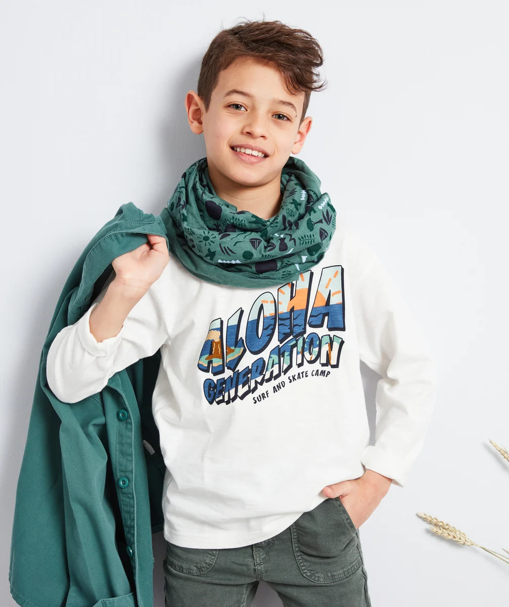 T-SHIRT GARÇON BLANC EN COTON BIO AVEC MESSAGE THÈME HAWAÏEN