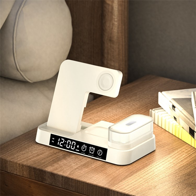 (15W) 5in1 Ladegerät Qi Wireless Charger für Smartphones / Apple Airpods / Apple Watch Ladestation mit Wecker   Nachtlicht - Weiss