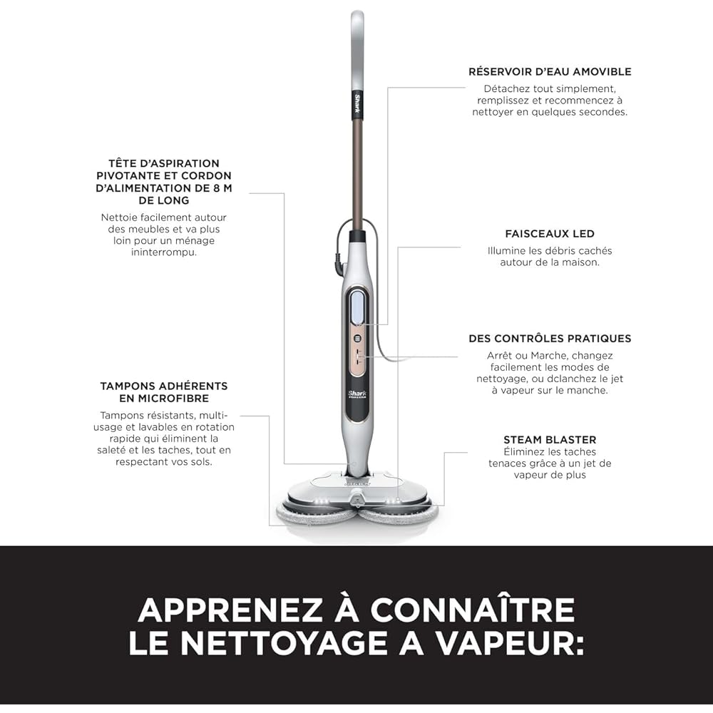 Shark Steam Mop, balai automatique à vapeur et à récurer, 2 tampons rotatifs, 3 réglages vapeur, assainit, élimine taches et saleté, utilisation sur tous les sols durs scellés, blanc et gris S8201EU : Cuisine et Maison