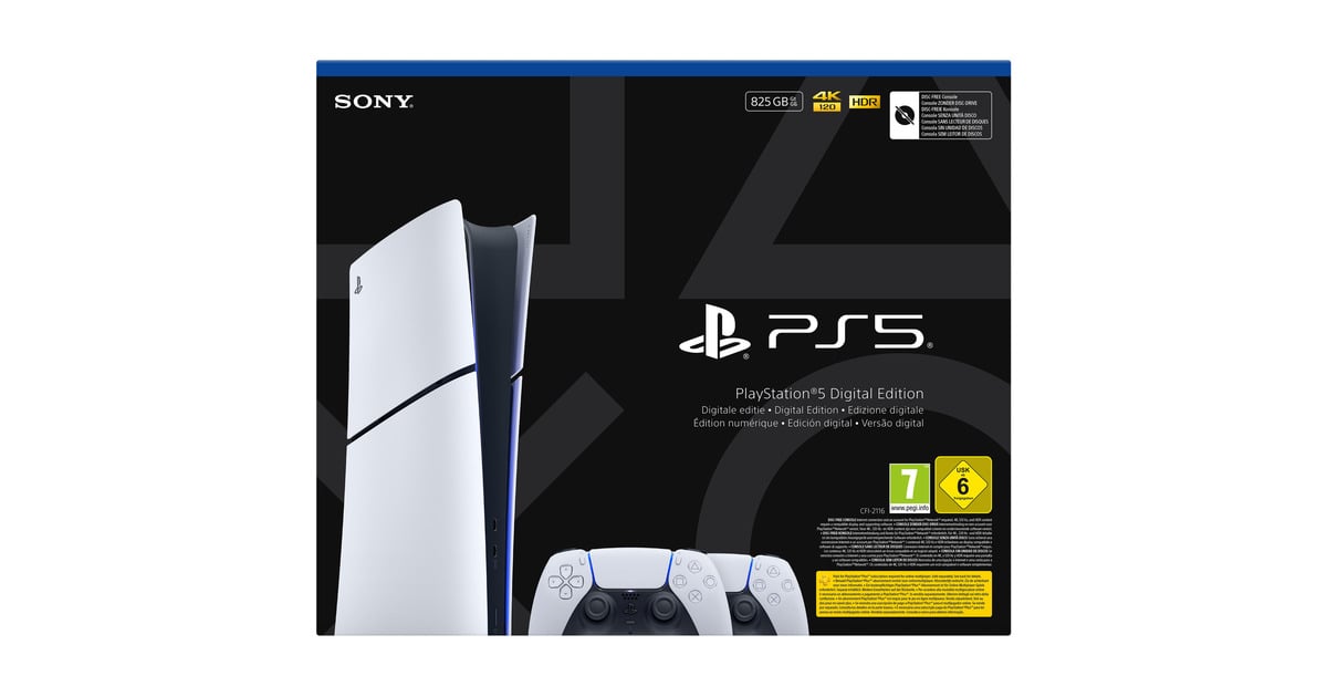 SonyPlayStation 5 Digital Edition (Slim) - 825 GB + 2x DualSense draadloze controllers spelconsole  (Wit/zwart)