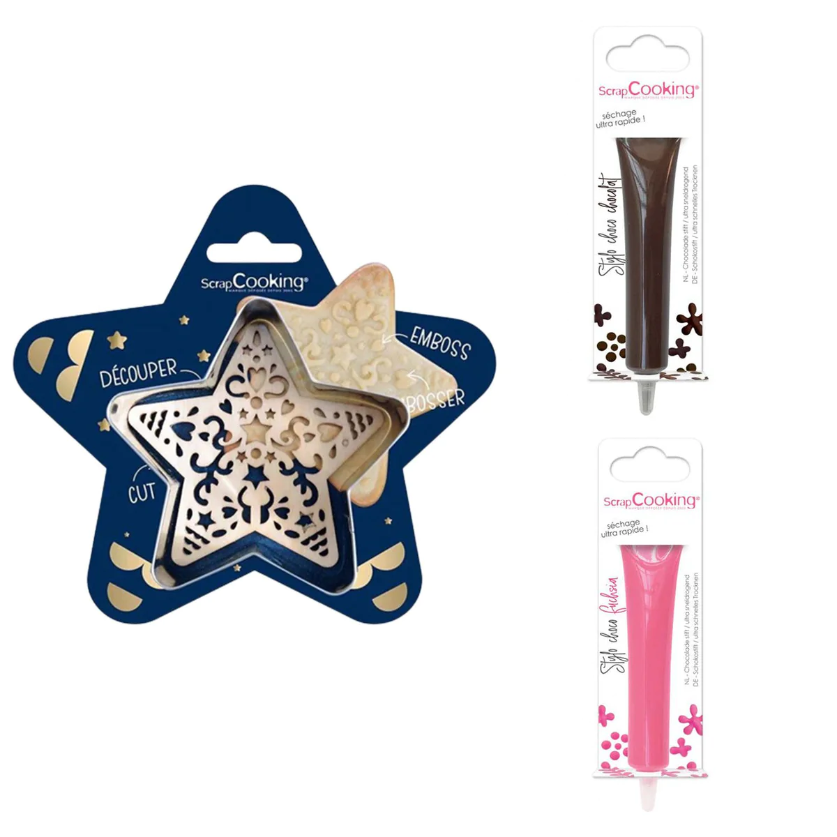 Kit pour biscuit en relief Étoile + 2 Stylos au chocolat marron et fuc