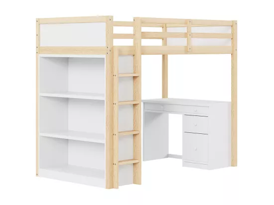 Lit superposé enfant 90 X 200 cm, avec armoire de rangement et bureau d'ordinateur, couleur bois originale