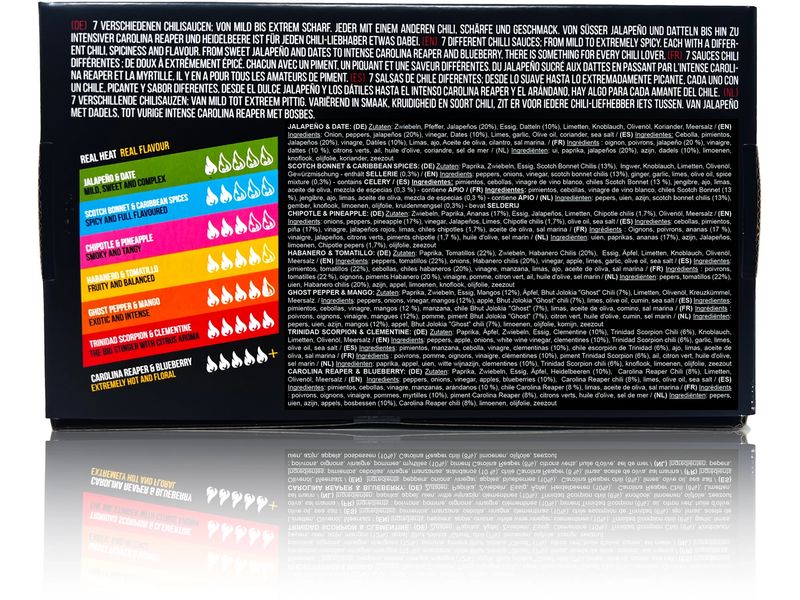 Crazy Bastard Sauce Sauce Set 7 x 100 ml Sieben scharfe Chilisaucen von medium scharf bis sehr scharf