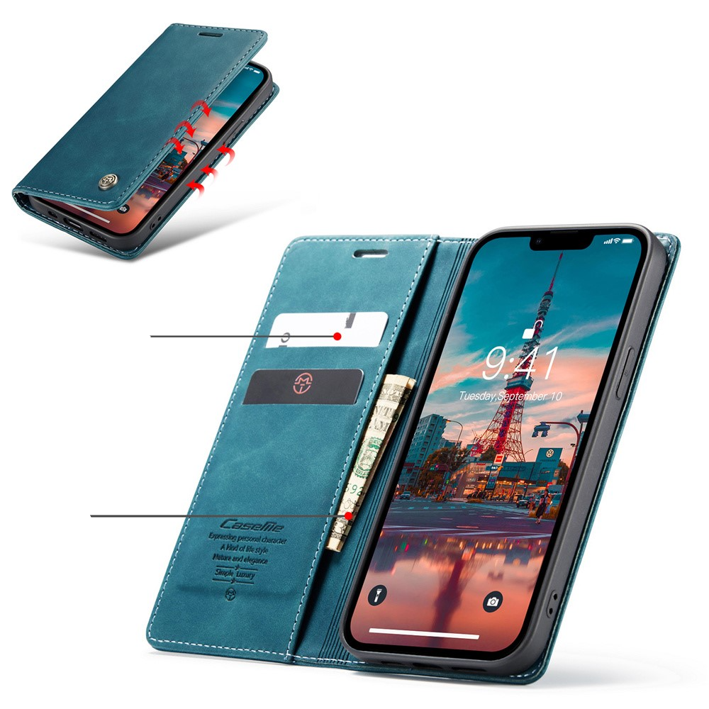 iPhone 15 Leder Tasche Flip Wallet Etui mit Kartenfächern - Blaugrün