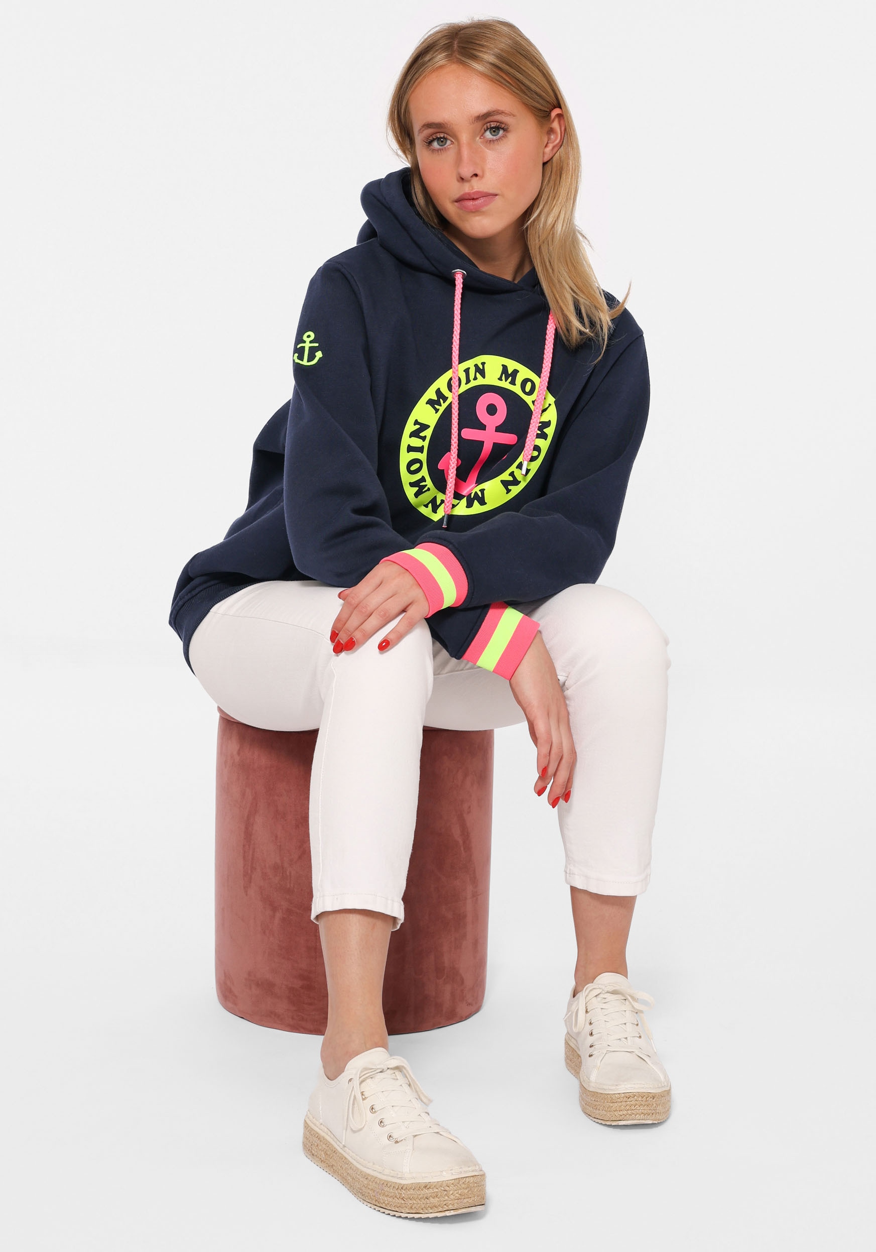 Zwillingsherz Hoodie , Langarm, Kapuze, Neon-Details, Kordelzug, Frontprint, Kängurutasche