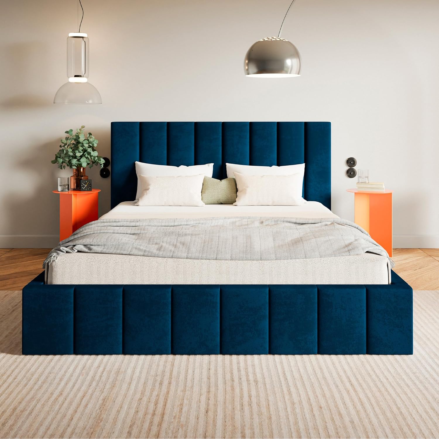 Ibiza Bett 120x200 Blau Samt, mit Stauraum, mit Kopfteil, mit Lattenrost, ohne Füße, ohne Matratze, Polsterbett 120x200 mit Bettkasten Blau (Dunkelblau)