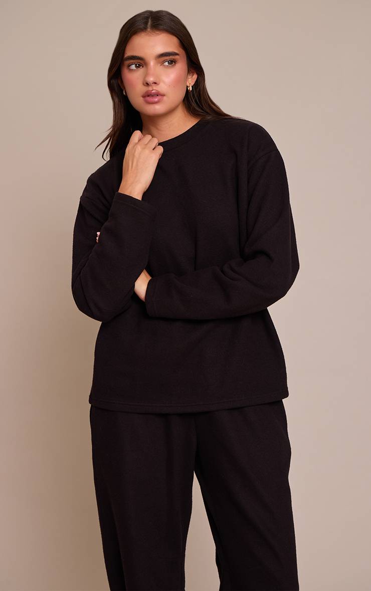 Noir Sweat-shirt Côtelé Brossé À Manches Longues