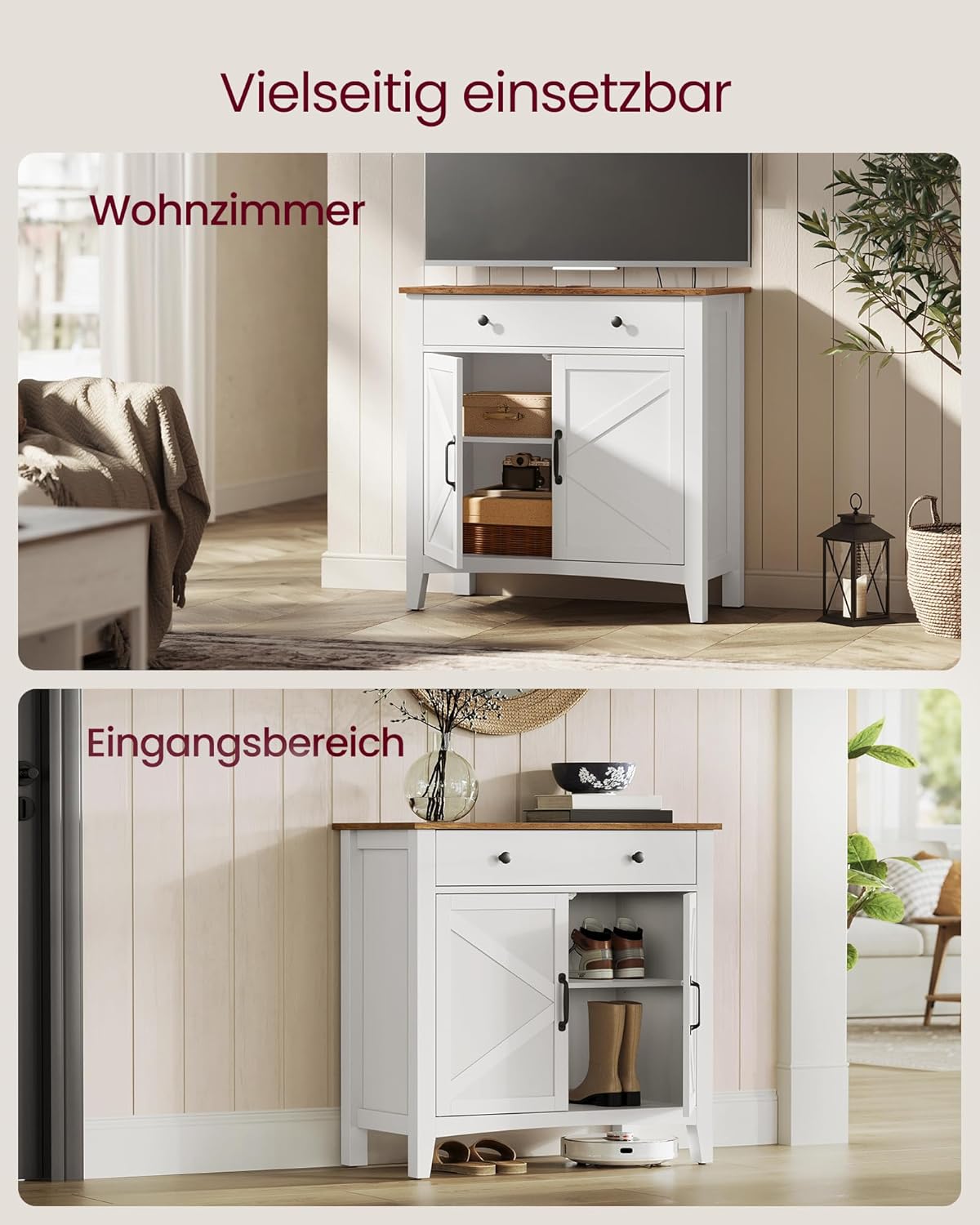 VASAGLE Küchenschrank, Sideboard mit Schubladen, Aufbewahrungsschrank mit Türen, verstellbare Ablage, Landhausstil, für Wohnzimmer Küche, 40 x 80 x 80 cm, wolkenweiß-honigbraun BBK341W02
