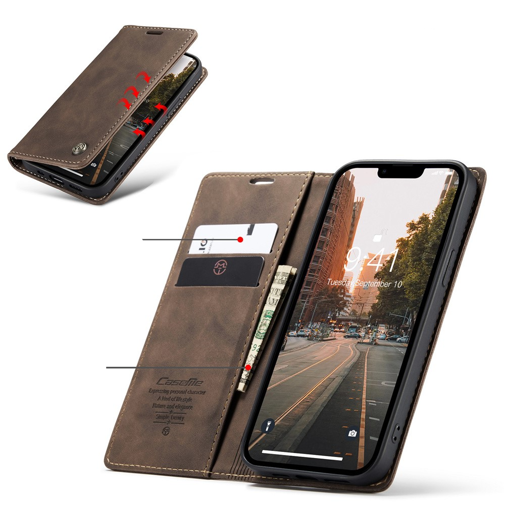 iPhone 15 Leder Tasche Flip Wallet Etui mit Kartenfächern - Dunkelbraun