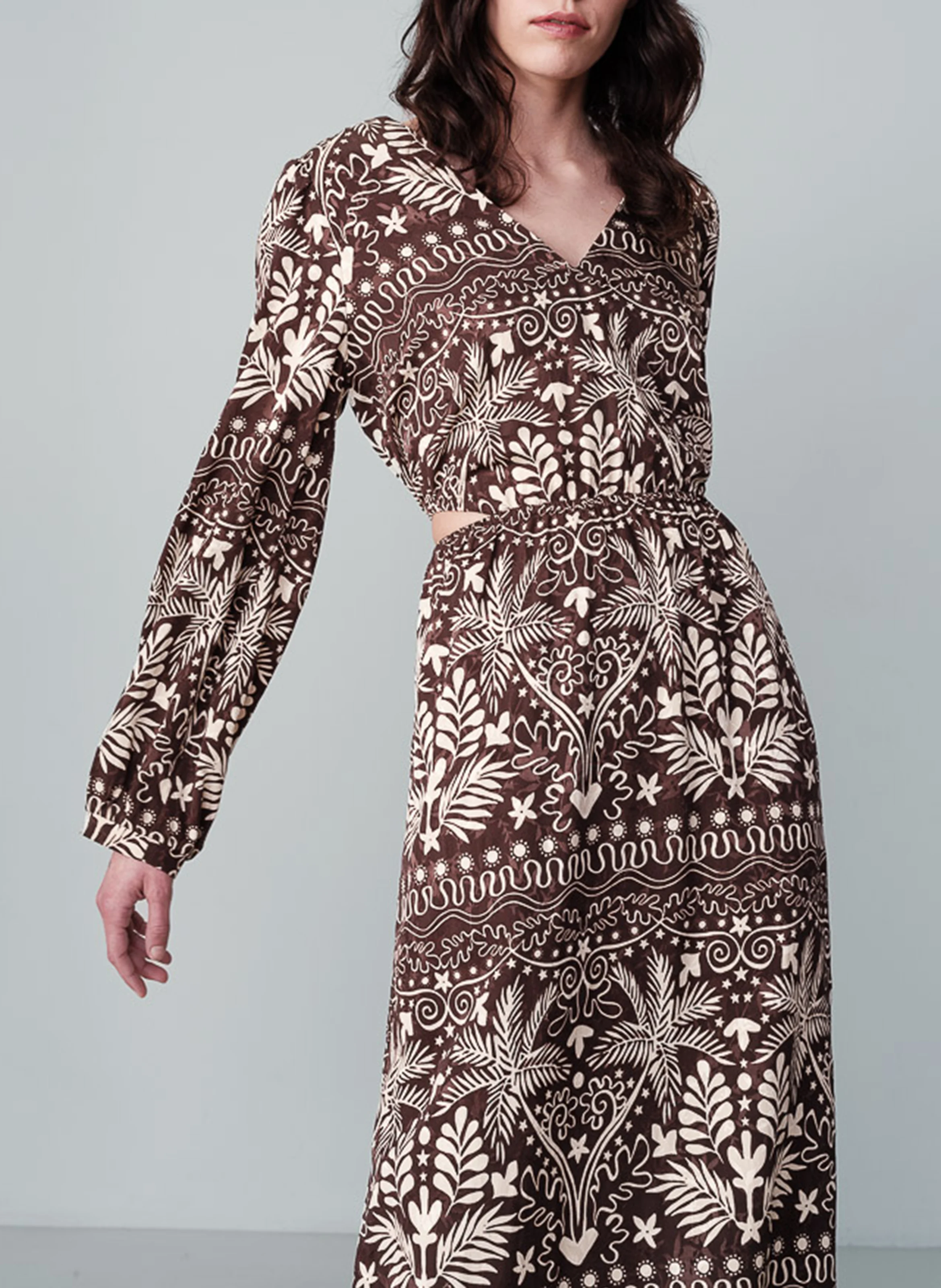 NEMESIS - Robe longue fendue jacquard imprimé | Marron