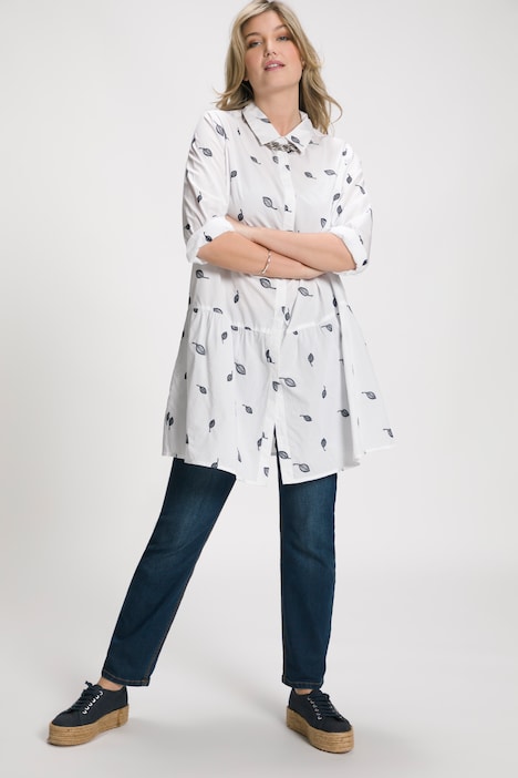 Bluse, Blätterstickerei, A-Linie, Hemdkragen, 3/4-Arm