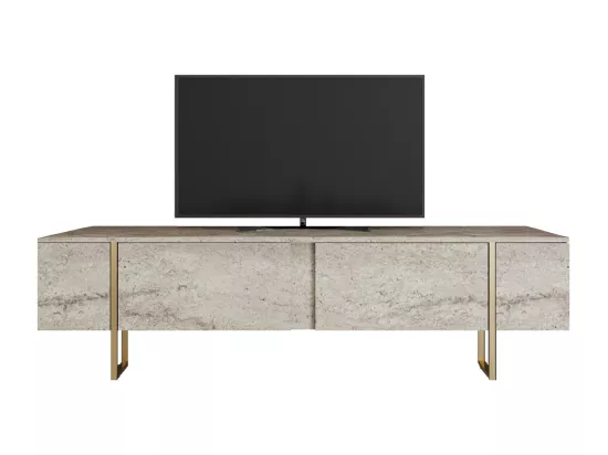 Meuble TV avec 2 portes - Effet travertin beige et doré - ZIRELDA