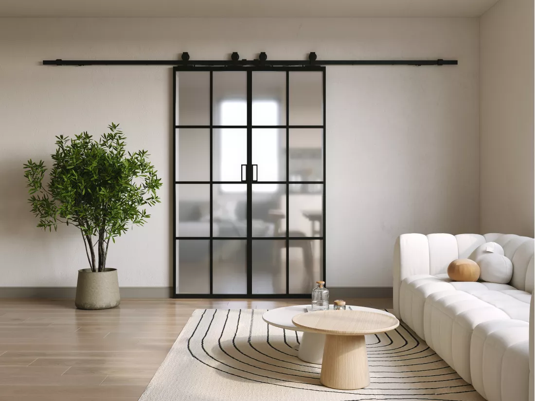 Porte coulissante double avec système en applique - aluminium et verre trempé dépoli - 2 x H205 x L73 cm - WILDEN II