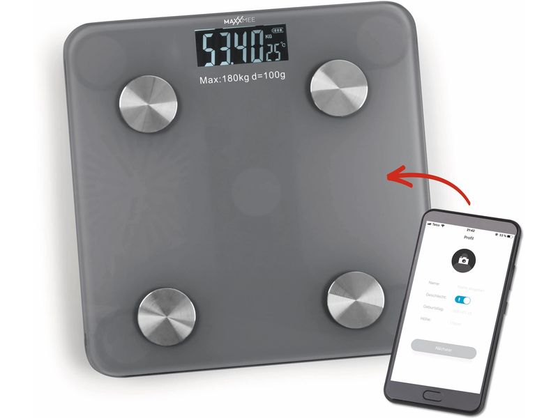 MAXXmee Körperanalysewaage 3 V, Grau Analysewaage mit Bluetooth